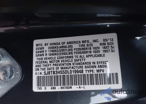 2013 Acura Rdx from USA, damaged, VIN 5J8TB3H55DL019948